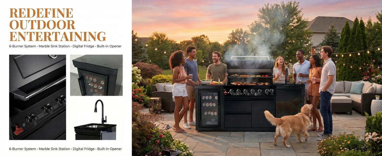 82" 6-Burner 85,000 BTU Gas Outdoor Kitchen Island Grill Stainless Steel Sink Wine Cooler