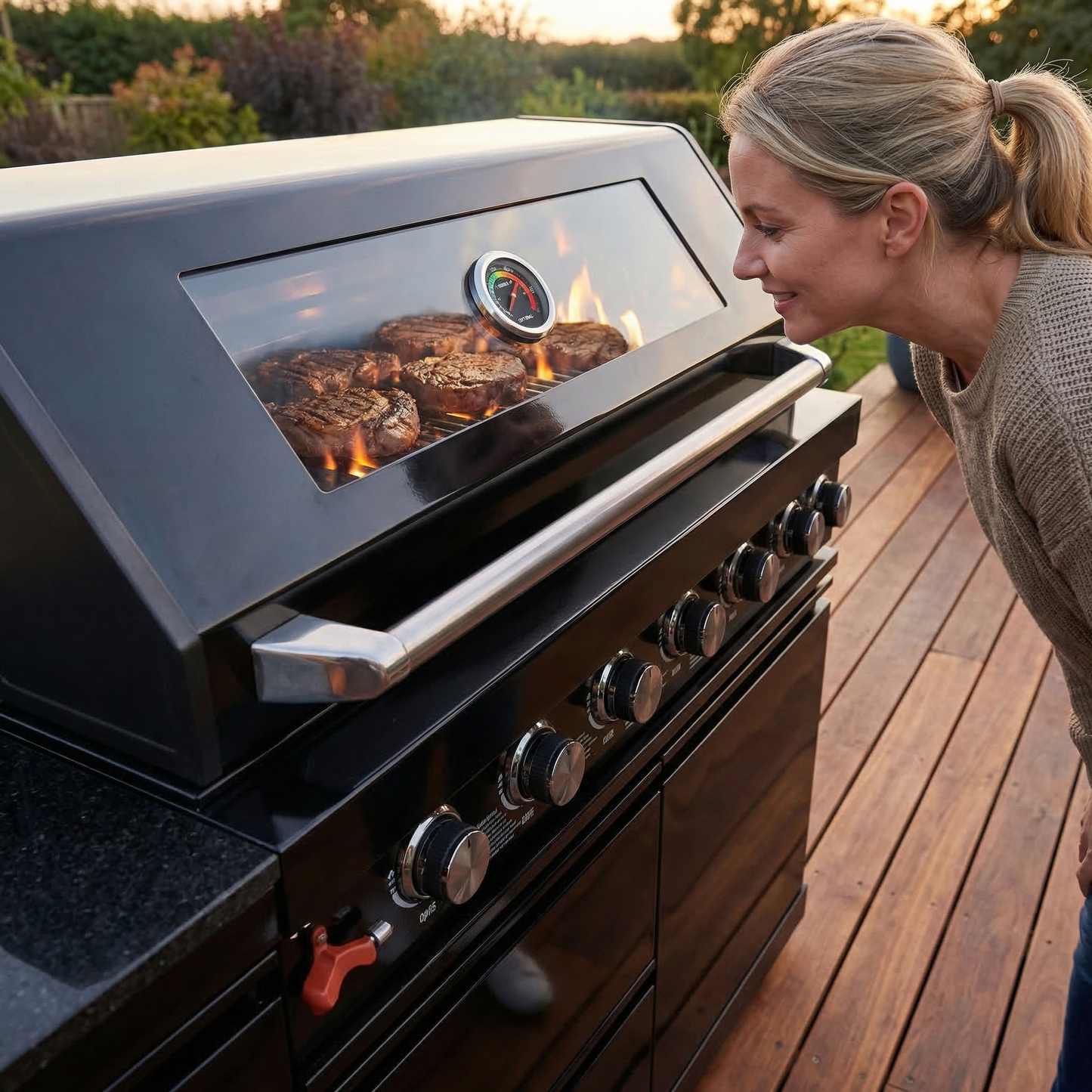 63" 6-Burner 85,000 BTU Black Outdoor Kitchen Island Grill + Marble Countertops
