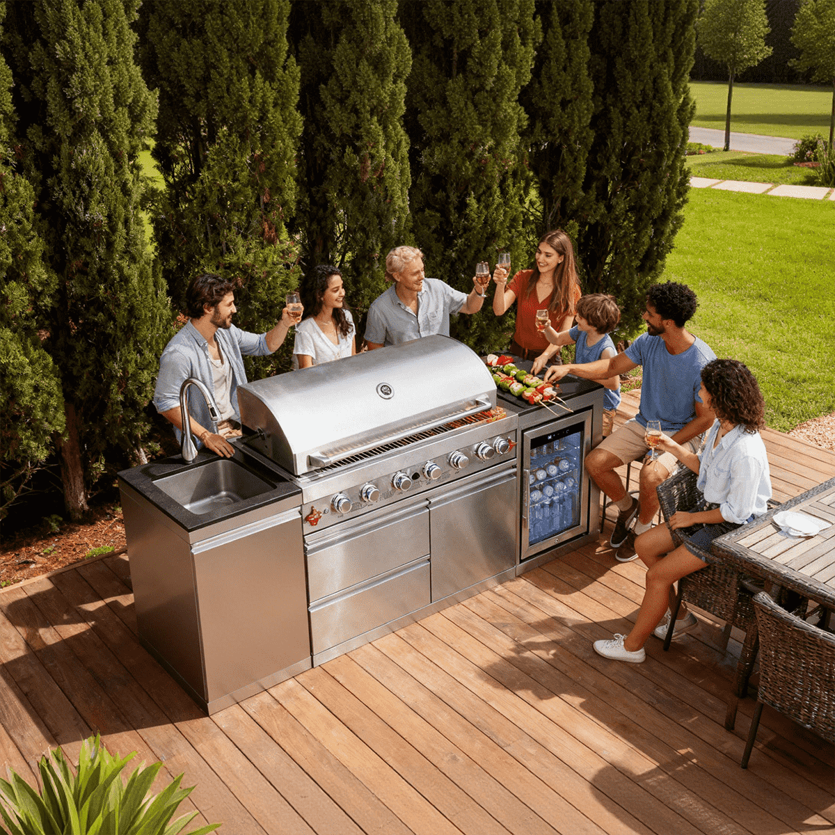 82.5" 6-Burner 83,500 BTU Silver Outdoor Kitchen Island Grill +Sink + Refrigerator