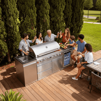 82.5" 6-Burner 83,500 BTU Silver Outdoor Kitchen Island Grill +Sink + Refrigerator