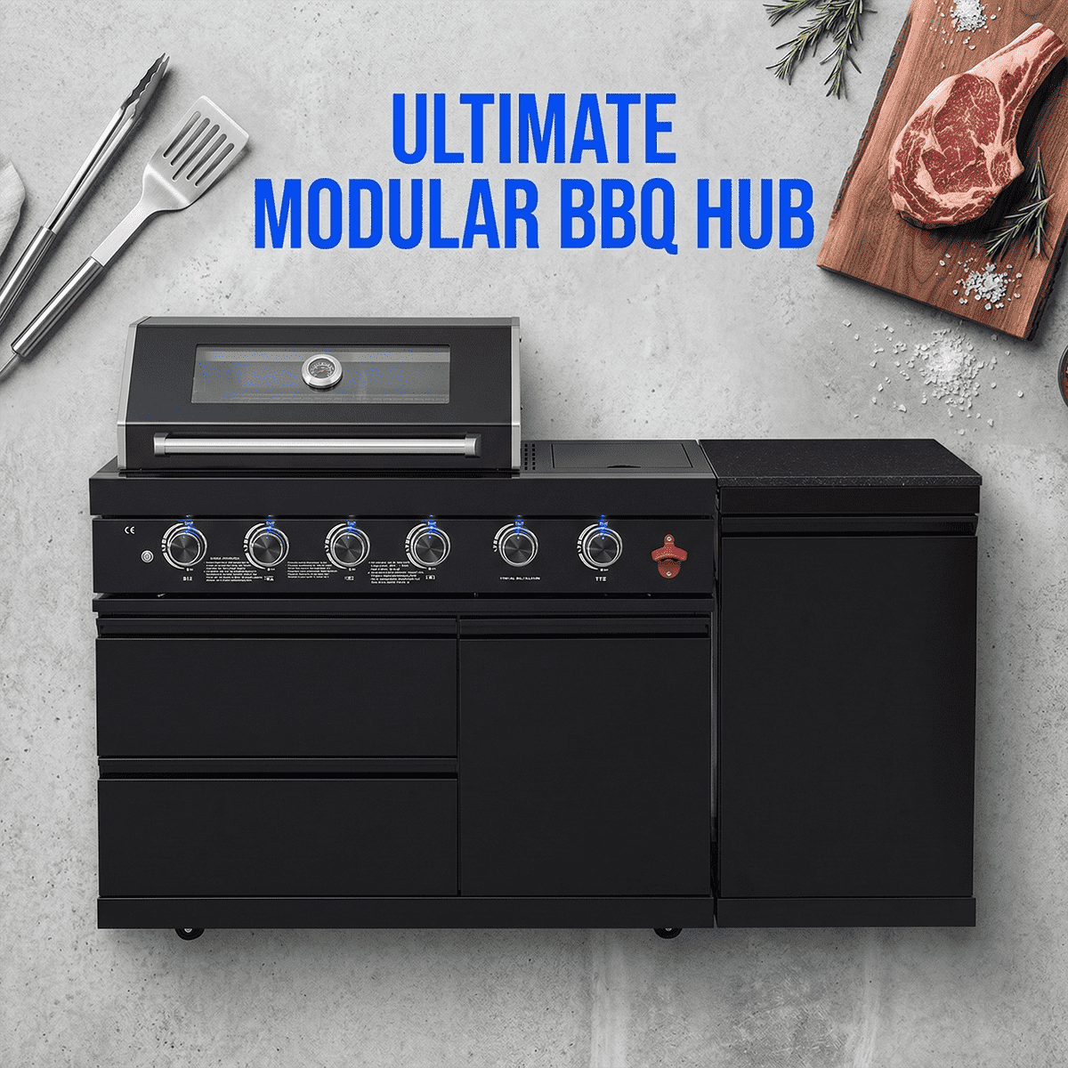 65" 4-Burner 72,000 BTU Black Outdoor Kitchen Island Grill +Side Burner + Marble Countertops