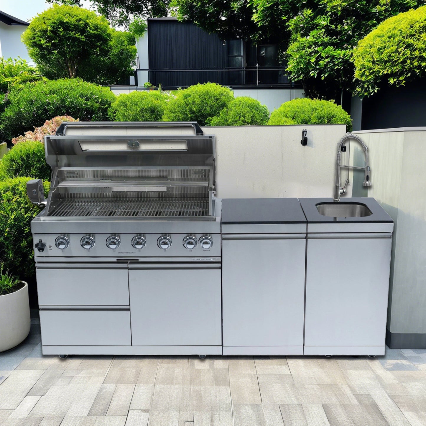 82" 6-Burner 85000 BTU Silver Outdoor Kitchen Island Grill + Storage Cabinets & Drawers & Sink/Faucet