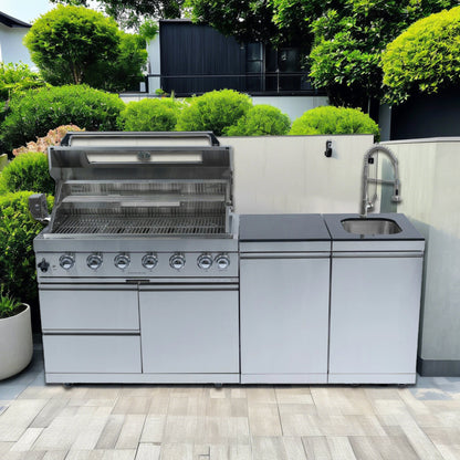 82" 6-Burner 85000 BTU Silver Outdoor Kitchen Island Grill + Storage Cabinets & Drawers & Sink/Faucet