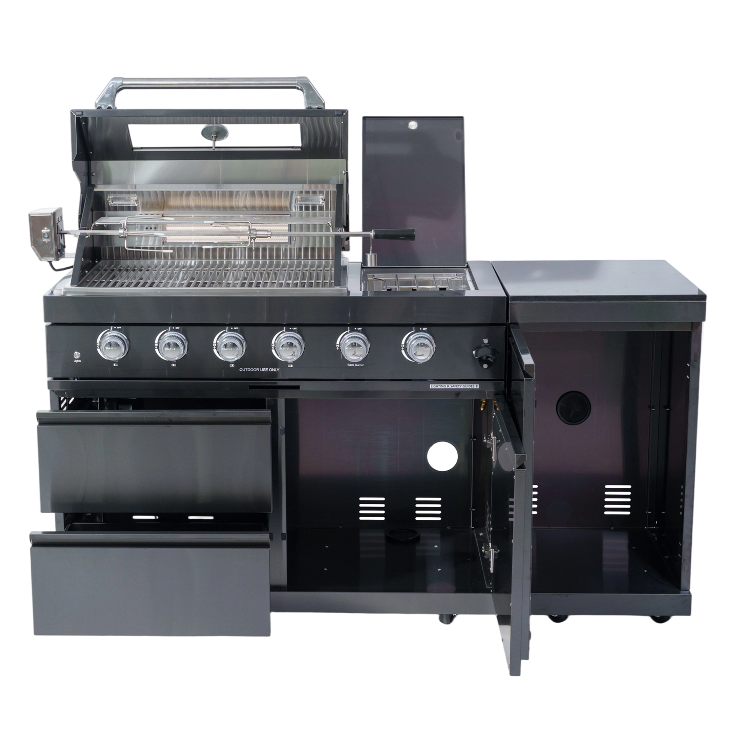 65" 4-Burner 72,000 BTU Black Outdoor Kitchen Island Grill + Side Burner + Rotisserie kit