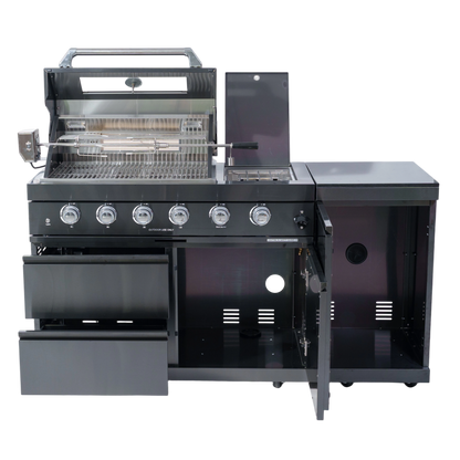 65" 4-Burner 72,000 BTU Black Outdoor Kitchen Island Grill + Side Burner + Rotisserie kit