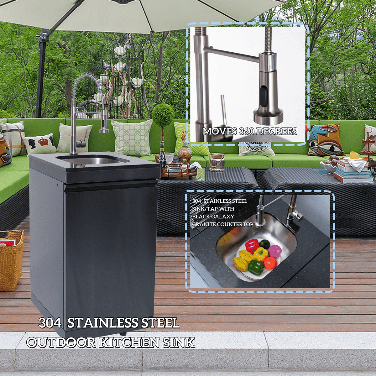NG 85" 6-Burner 85,000 BTU Black Outdoor Kitchen Island Grill Refrigerator + Rotisserie Kit + Sink