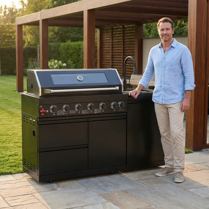 63" 6-Burner 85000 BTU Black Outdoor Kitchen Island Grill + Marble Countertops + Sink