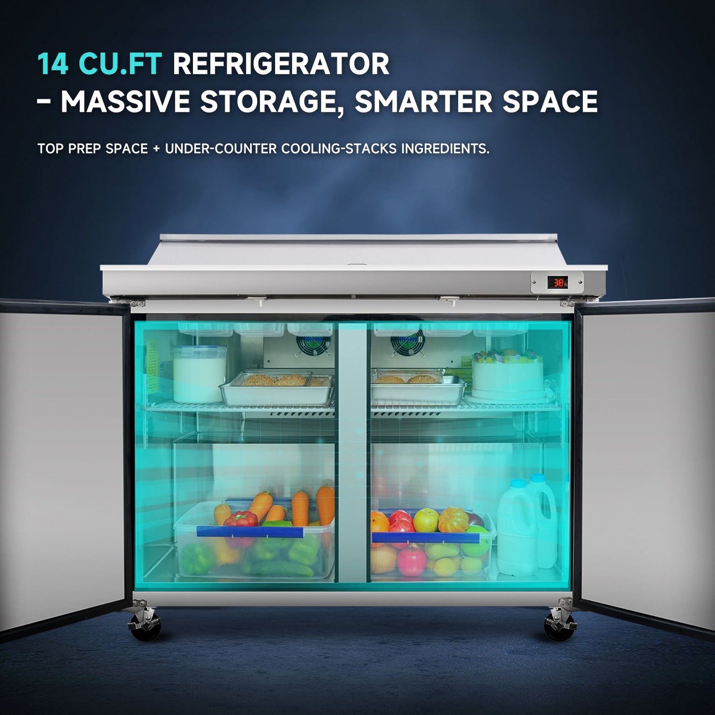 48" Width Commercial Refrigerators Sandwich & Salad Prep Table with a Butcher Block Cutting Board