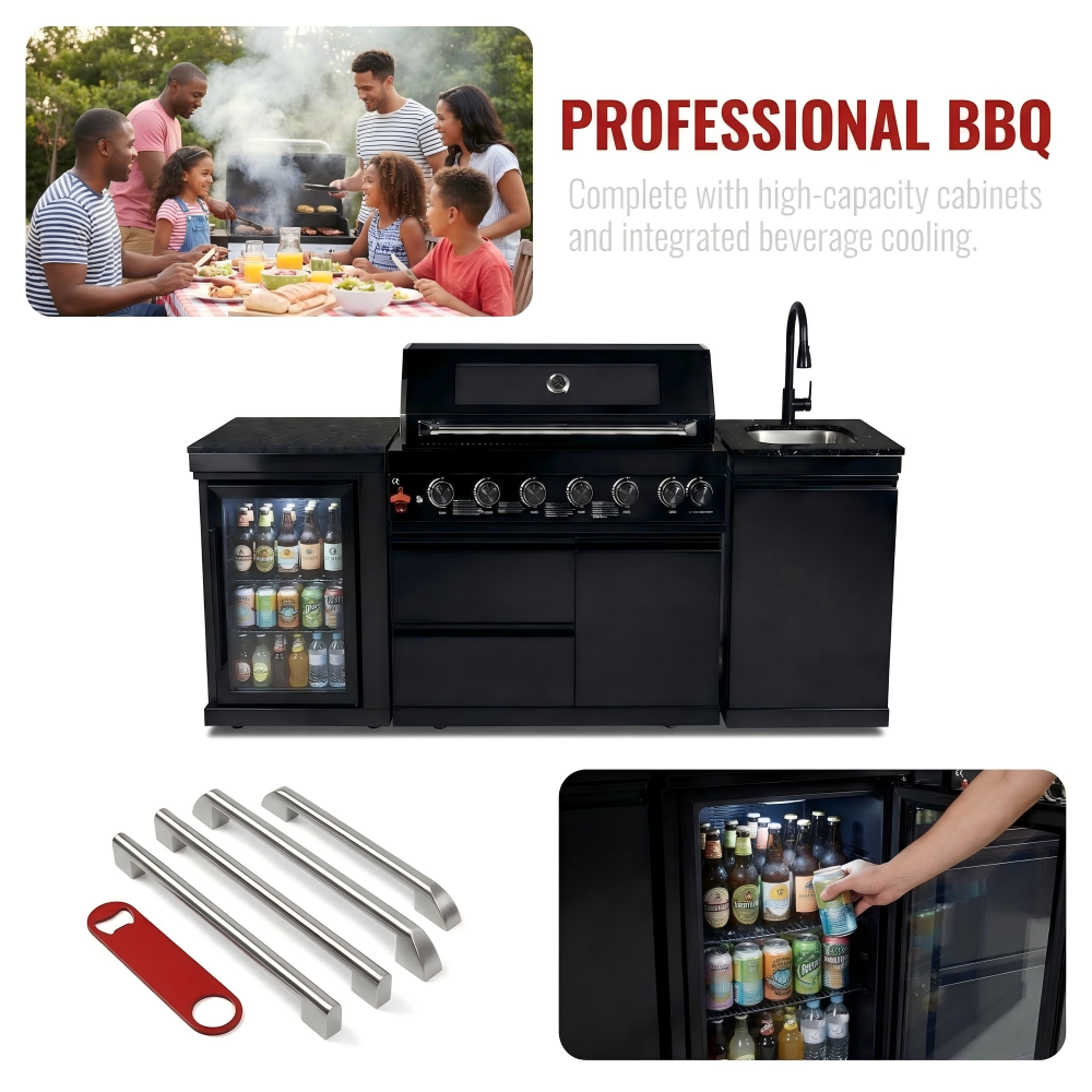 82" 6-Burner 85,000 BTU Gas Outdoor Kitchen Island Grill Stainless Steel Sink Wine Cooler