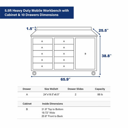 5.5ft Heavy Duty Mobile Workbench with Cabinet & 10 Drawers