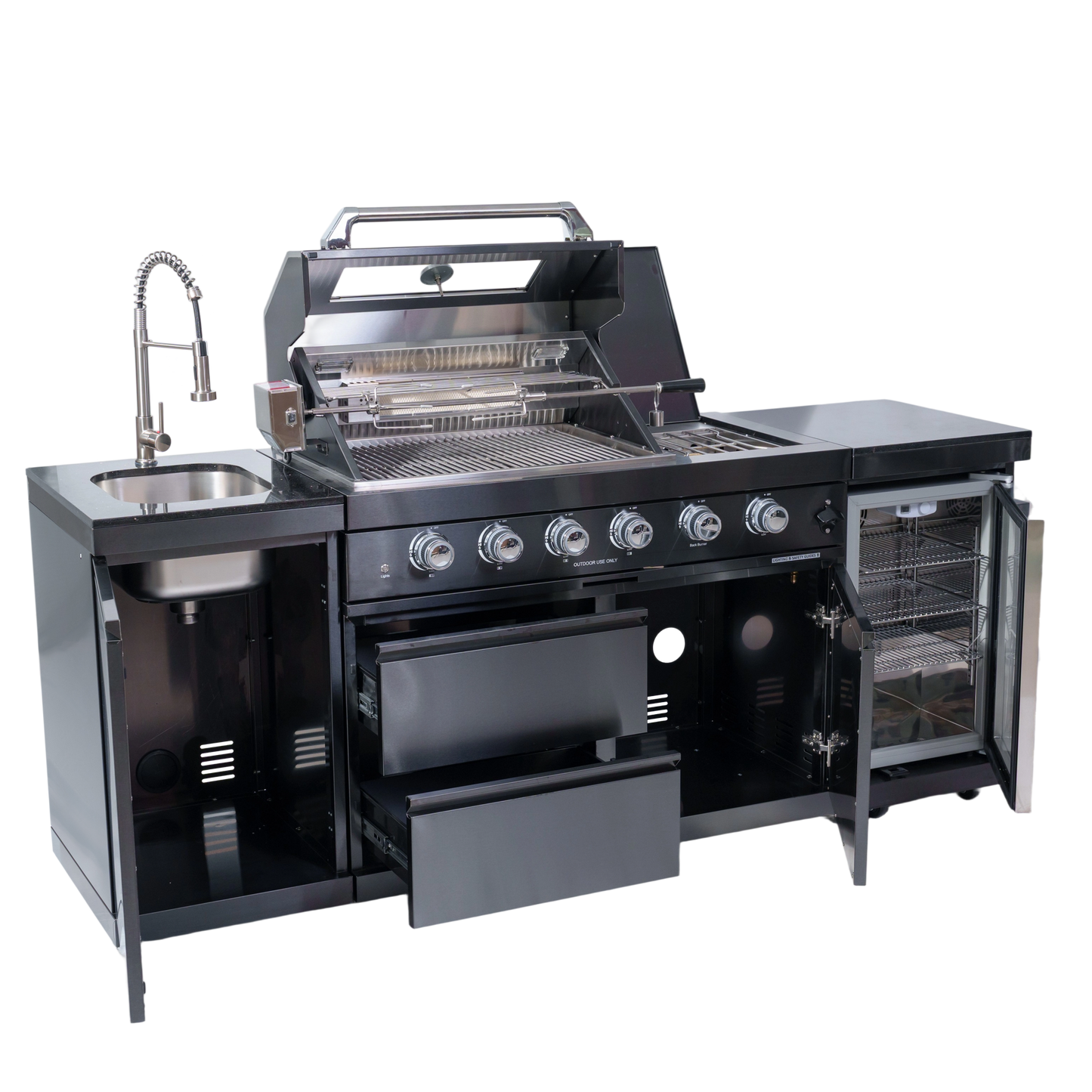 NG 85" 4-Burner 72,000 BTU Black Outdoor Kitchen Island Grill + Refrigerator + Sink