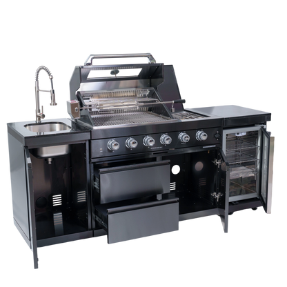 NG 85" 4-Burner 72,000 BTU Black Outdoor Kitchen Island Grill + Refrigerator + Sink