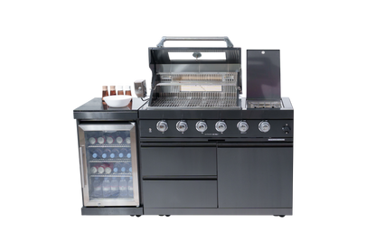 65" 4-Burner 72,000 BTU Black Outdoor Kitchen Island Grill + Wine Cooler + Rotisserie Kit