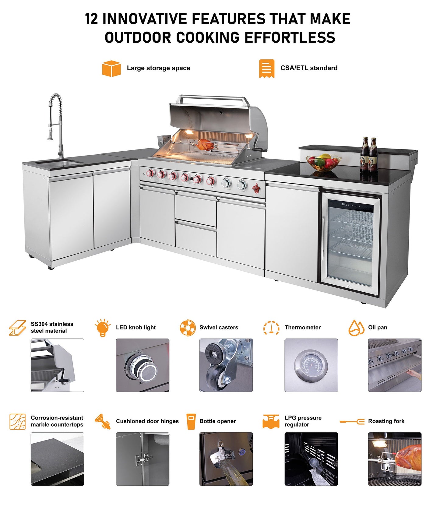 82.5" 6-Burner 83,500 BTU Silver Outdoor Kitchen Island Grill +Sink + Refrigerator