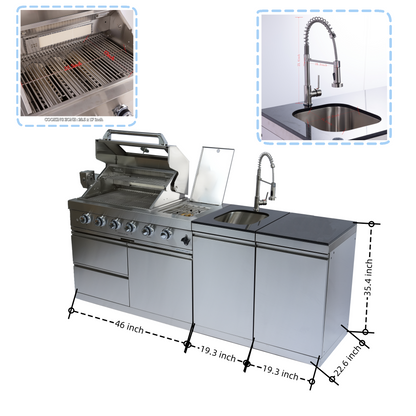 85" 4-Burner 72,000 BTU Silver Outdoor Kitchen Island Grill + Side Burner + Storage Cabinets & Drawers