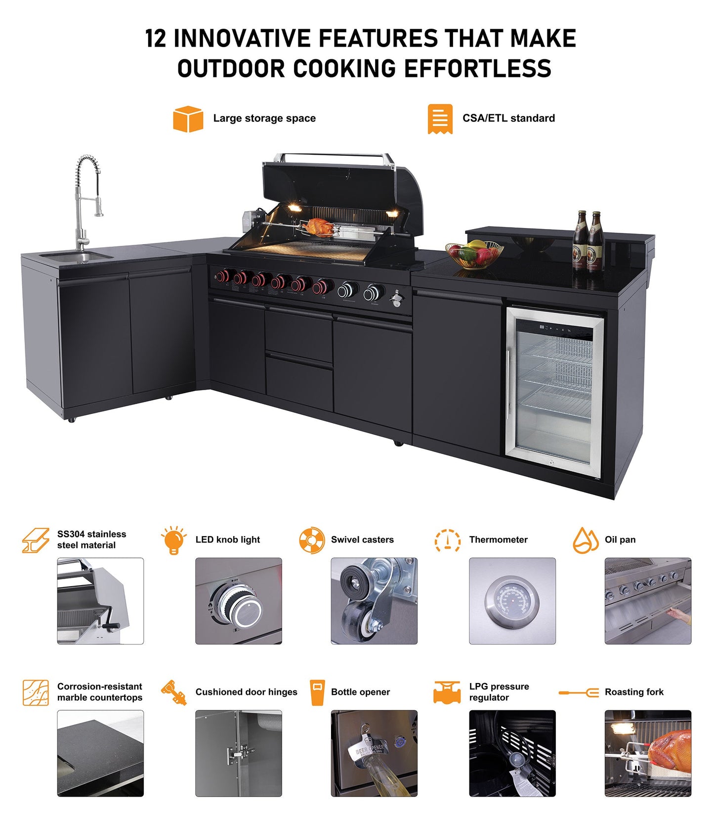 82.5" 6-Burner 83,500 BTU Black Outdoor Kitchen Island Grill Sink + Refrigerator