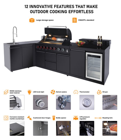 82.5" 6-Burner 83,500 BTU Black Outdoor Kitchen Island Grill Sink + Refrigerator