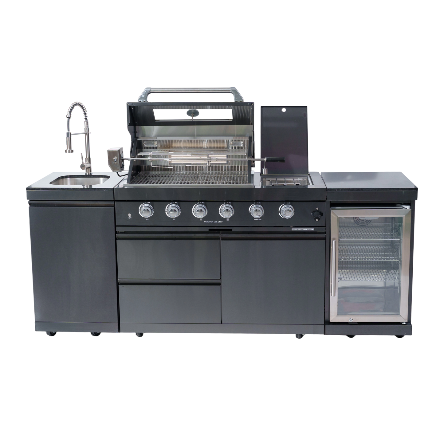 NG 85" 4-Burner 72,000 BTU Black Outdoor Kitchen Island Grill + Refrigerator + Sink