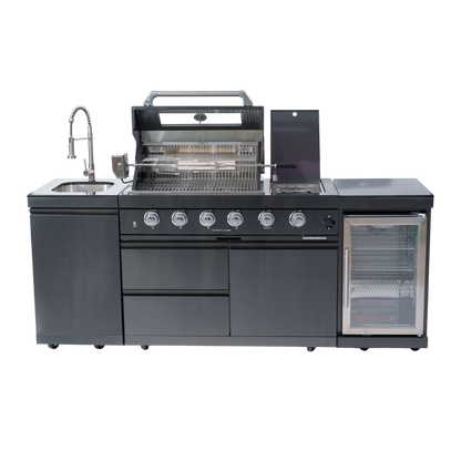NG 85" 4-Burner 72,000 BTU Black Outdoor Kitchen Island Grill + Refrigerator + Sink