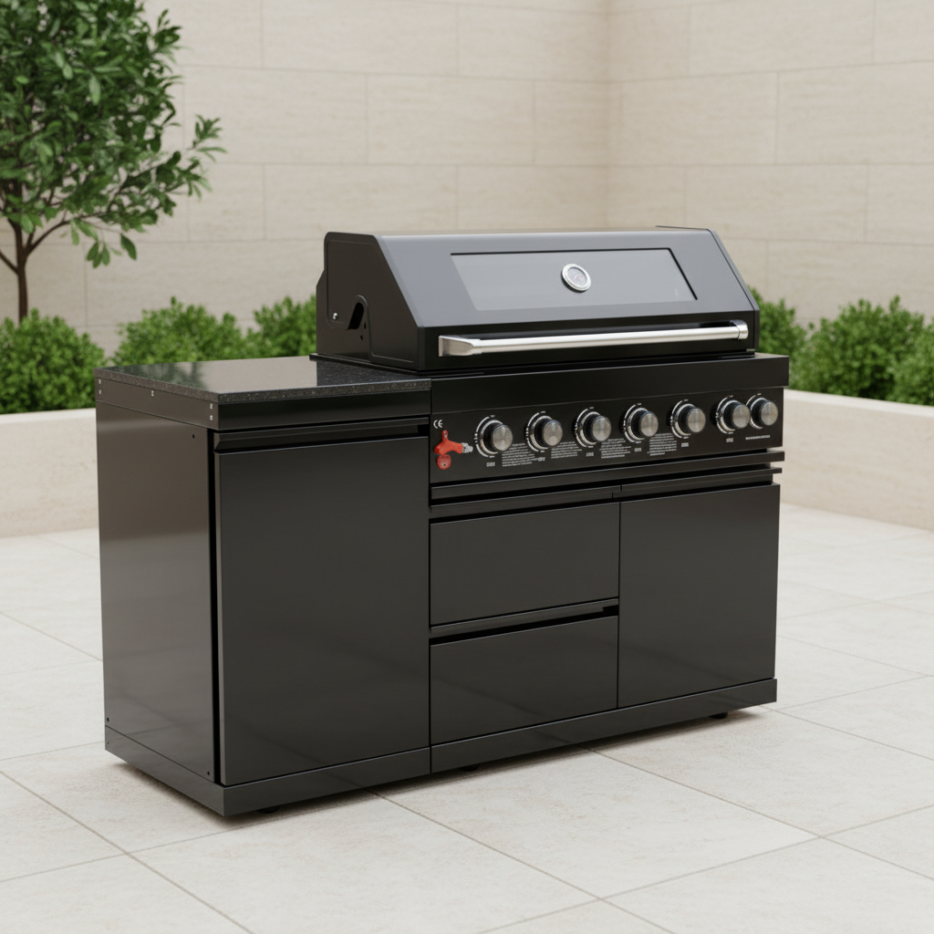 63" 6-Burner 85,000 BTU Black Outdoor Kitchen Island Grill + Marble Countertops