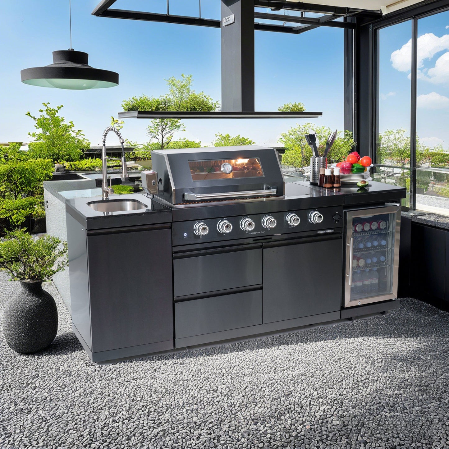 NG 85" 4-Burner 72,000 BTU Black Outdoor Kitchen Island Grill + Refrigerator + Sink