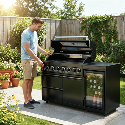 63" 6-Burner Black Outdoor Kitchen Island Grill + Fridge