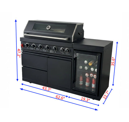63" 6-Burner Black Outdoor Kitchen Island Grill + Fridge