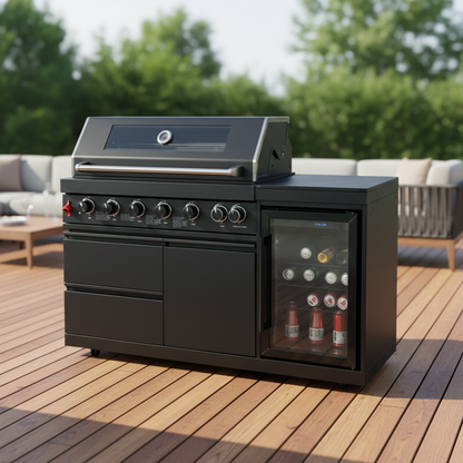 63" 6-Burner Black Outdoor Kitchen Island Grill + Fridge