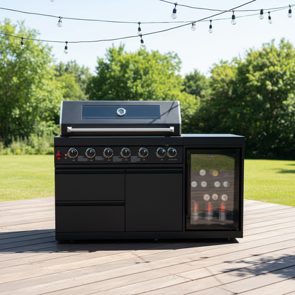 63" 6-Burner Black Outdoor Kitchen Island Grill + Fridge