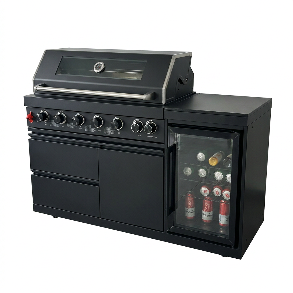 63" 6-Burner Black Outdoor Kitchen Island Grill + Fridge