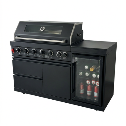 63" 6-Burner Black Outdoor Kitchen Island Grill + Fridge
