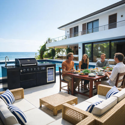 85.2" 4+1 Burner 71,500 BTU Black Outdoor Kitchen Island Grill+ Sink + Refrigerator