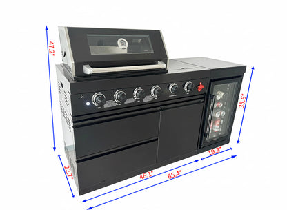 65" 4-Burner 72,000 BTU Black Outdoor Kitchen Island Grill Marble Countertops Wine Cooler