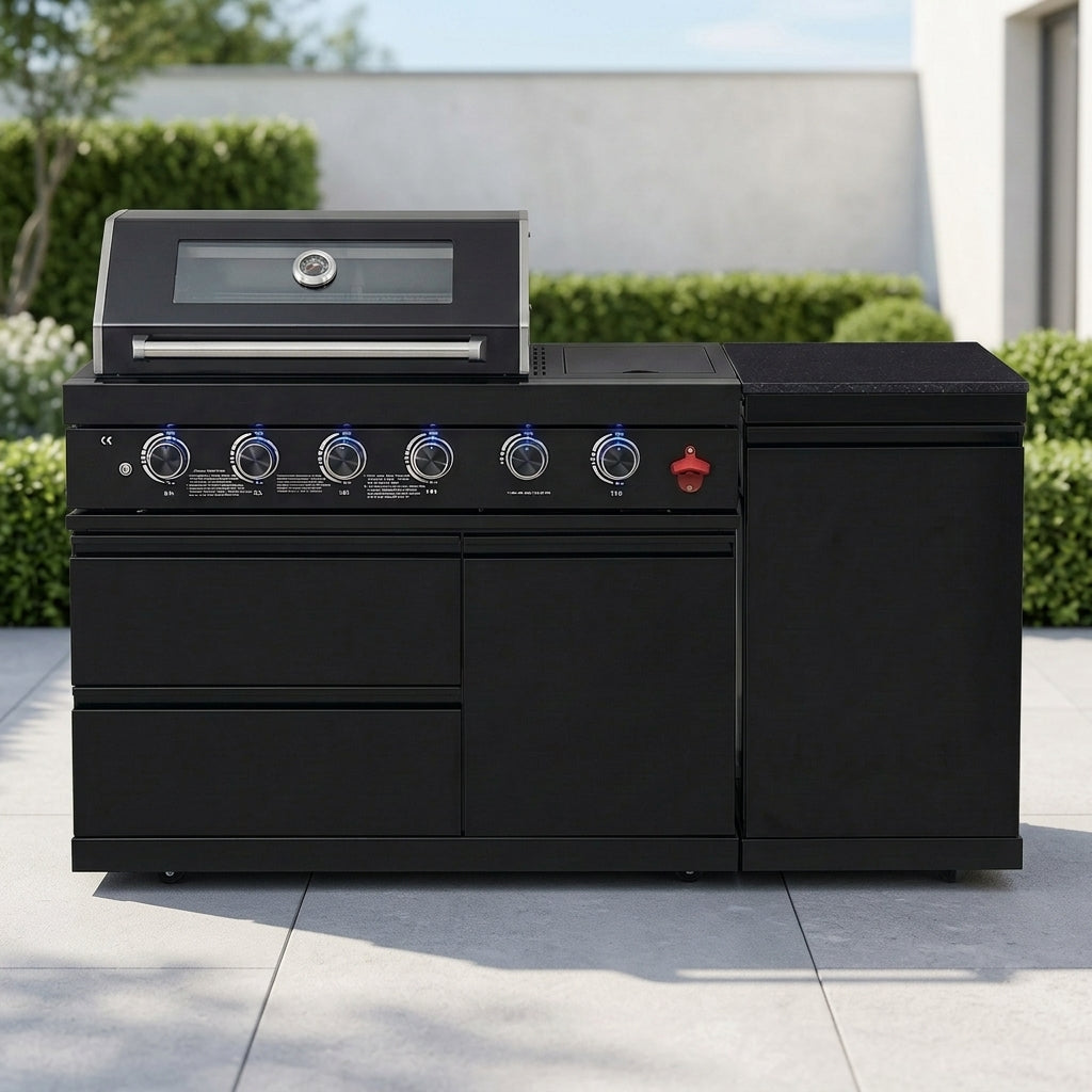 65" 4-Burner 72,000 BTU Black Outdoor Kitchen Island Grill +Side Burner + Marble Countertops