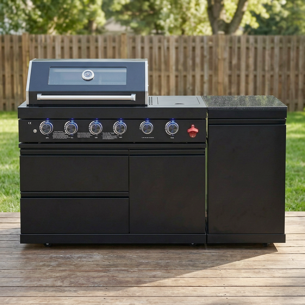 65" 4-Burner 72,000 BTU Black Outdoor Kitchen Island Grill +Side Burner + Marble Countertops