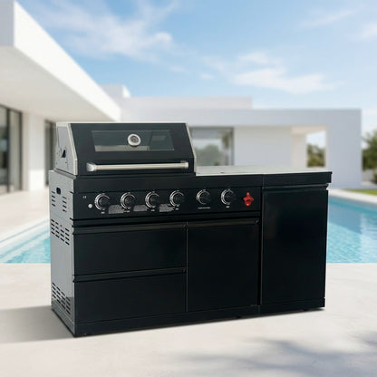 65" 4-Burner 72,000 BTU Black Outdoor Kitchen Island Grill +Side Burner + Marble Countertops