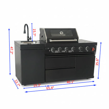 65" 4-Burner 72,000 BTU Black Outdoor Kitchen Island Grill + Round Side Burner