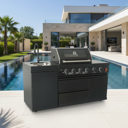 65" 4-Burner 72,000 BTU Black Outdoor Kitchen Island Grill + Round Side Burner