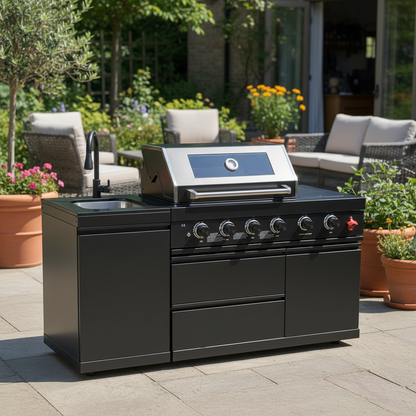 65" 4-Burner 72,000 BTU Black Outdoor Kitchen Island Grill + Round Side Burner