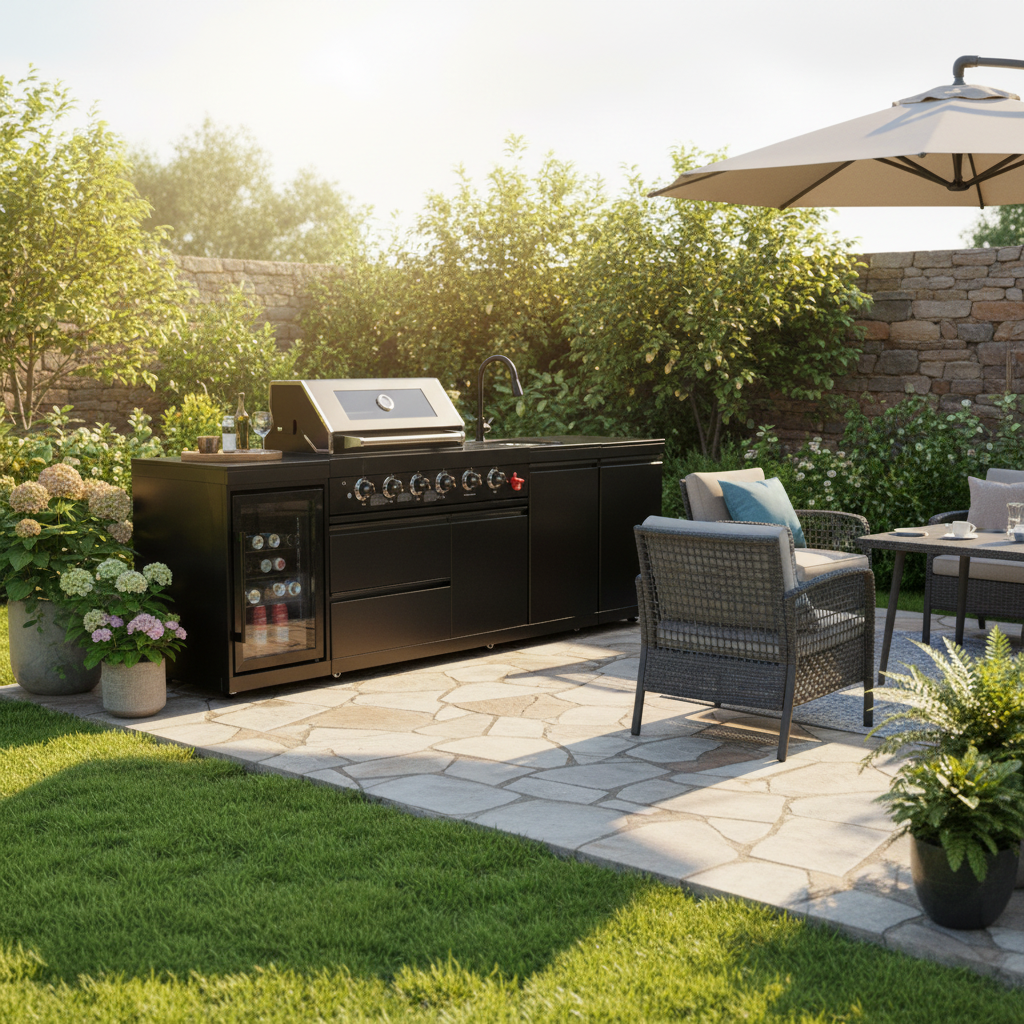 104" 4-Burner 72,000 BTU Black Outdoor Kitchen Bar Barbecue Island Grill + Wine Cooler + Sink