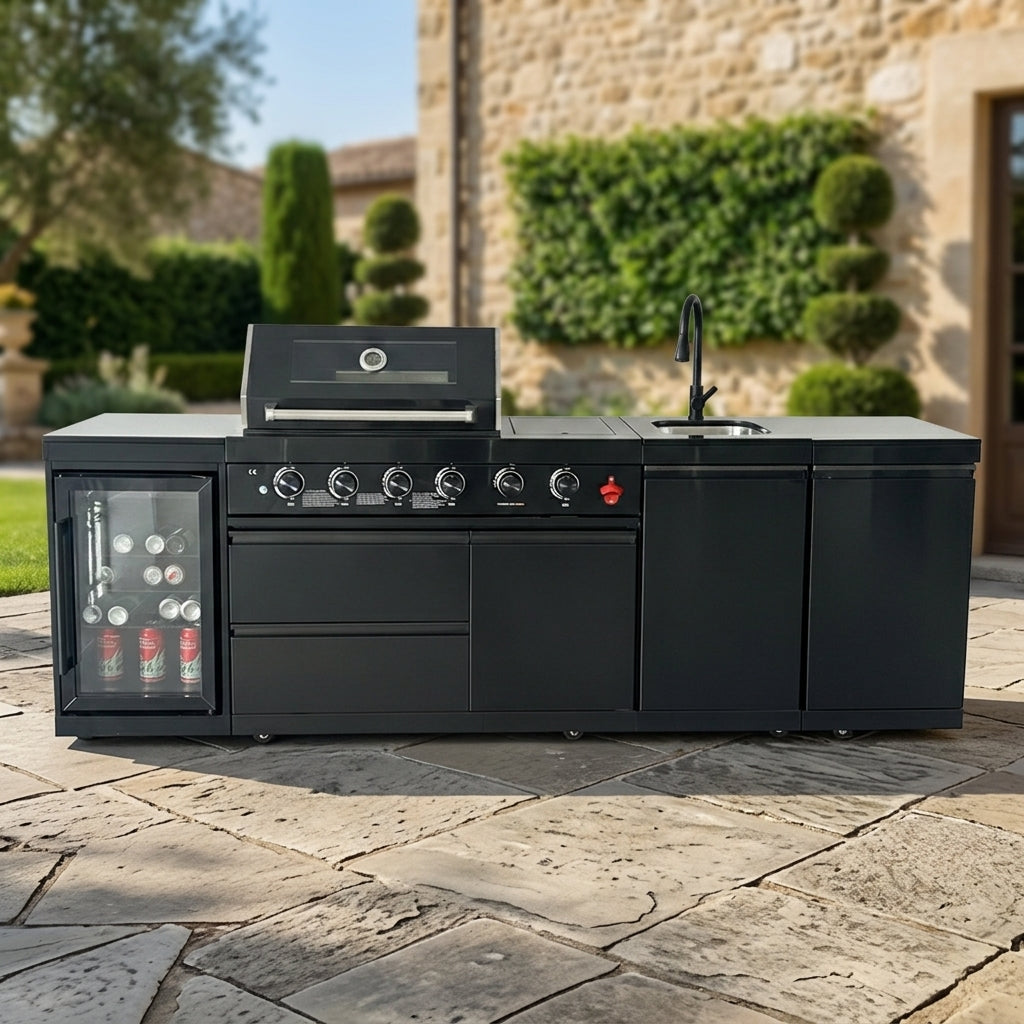 104" 4-Burner 72,000 BTU Black Outdoor Kitchen Bar Barbecue Island Grill + Wine Cooler + Sink