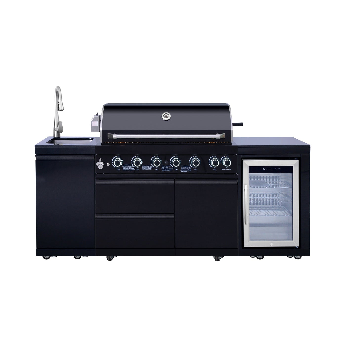 82.5" 6-Burner 83,500 BTU Black Outdoor Kitchen Island Grill Sink + Refrigerator