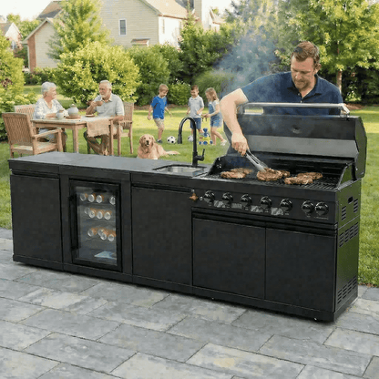 102" 6-Burner 85,000 BTU Black Outdoor Kitchen Island Grill + Refrigerator + Marble Countertops + Sink