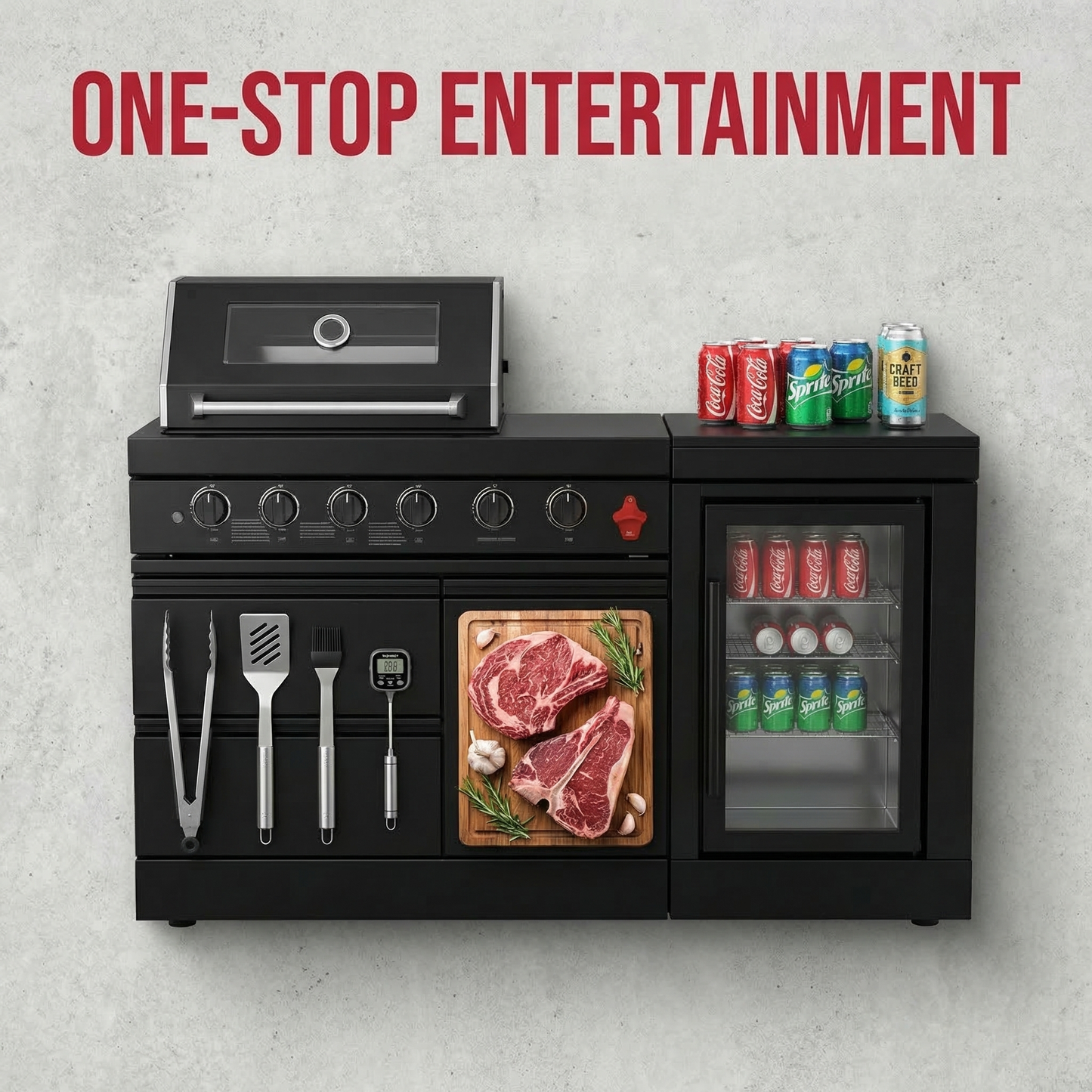 65" 4-Burner 72,000 BTU Black Outdoor Kitchen Island Grill Marble Countertops Wine Cooler