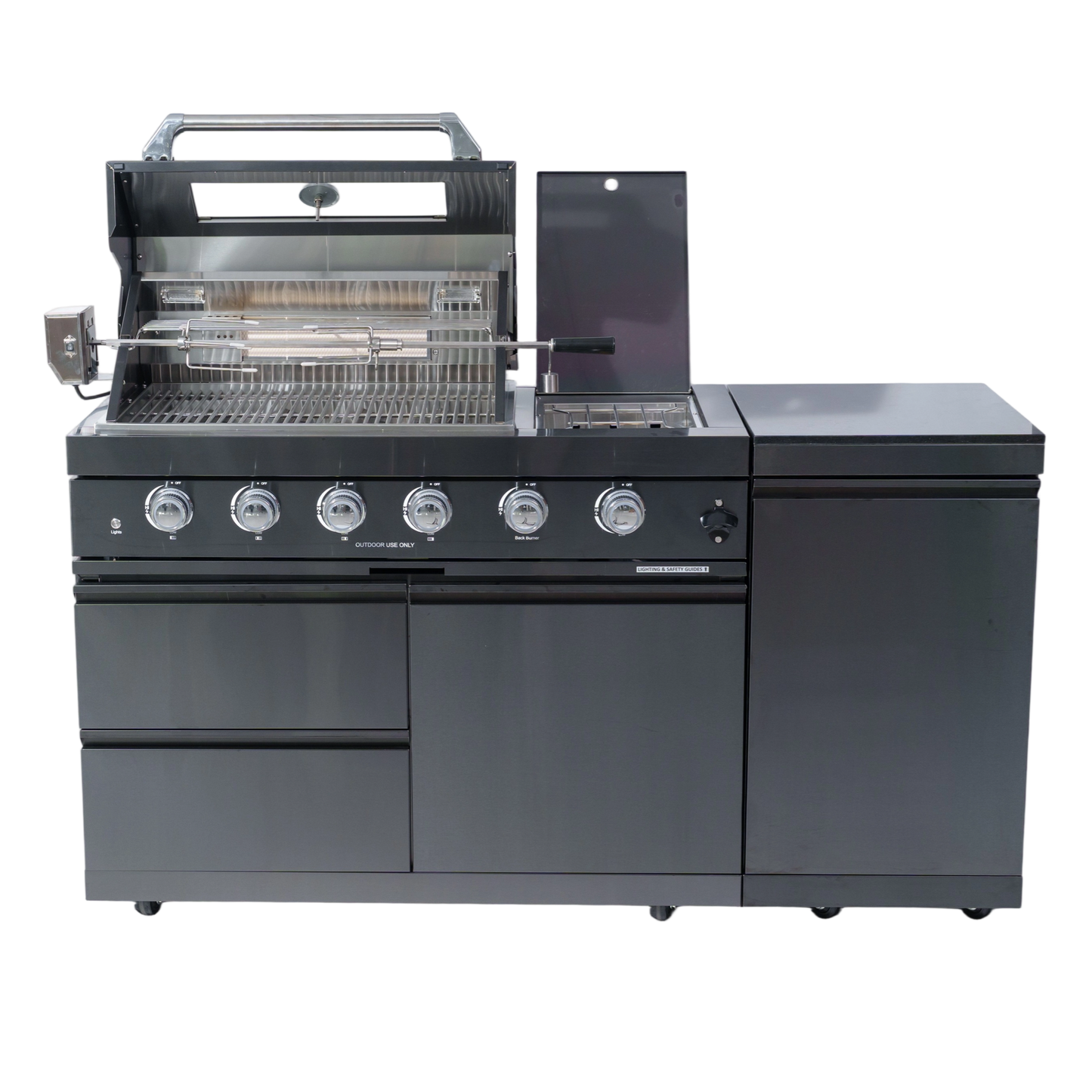 65" 4-Burner 72,000 BTU Black Outdoor Kitchen Island Grill + Side Burner + Rotisserie kit