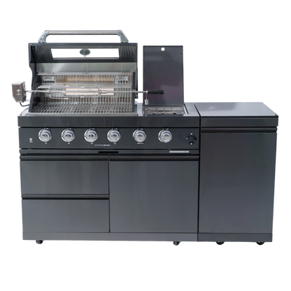 65" 4-Burner 72,000 BTU Black Outdoor Kitchen Island Grill + Side Burner + Rotisserie kit