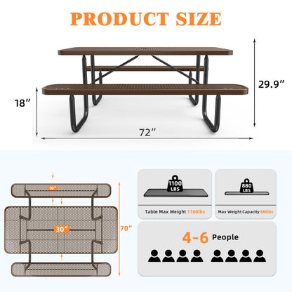 6 ft Metal Picnic Tables for Outdoors, Rectangle Coated Steel Patio Furniture Set