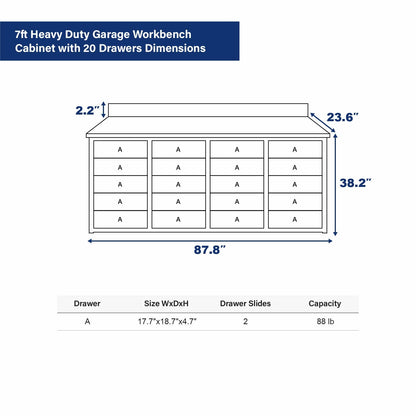 7ft Heavy Duty Garage Workbench Cabinet with 20 Drawers