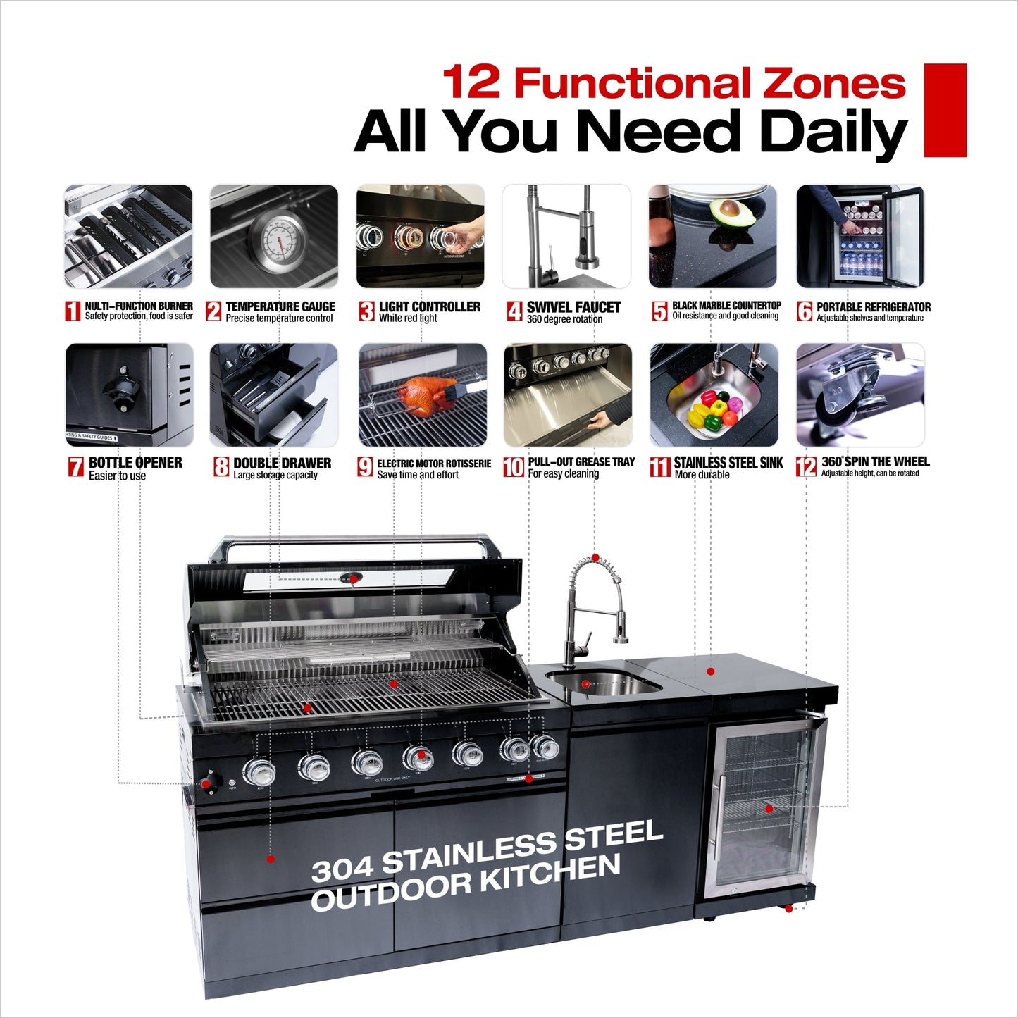 NG 85" 6-Burner 85,000 BTU Black Outdoor Kitchen Island Grill Refrigerator + Rotisserie Kit + Sink
