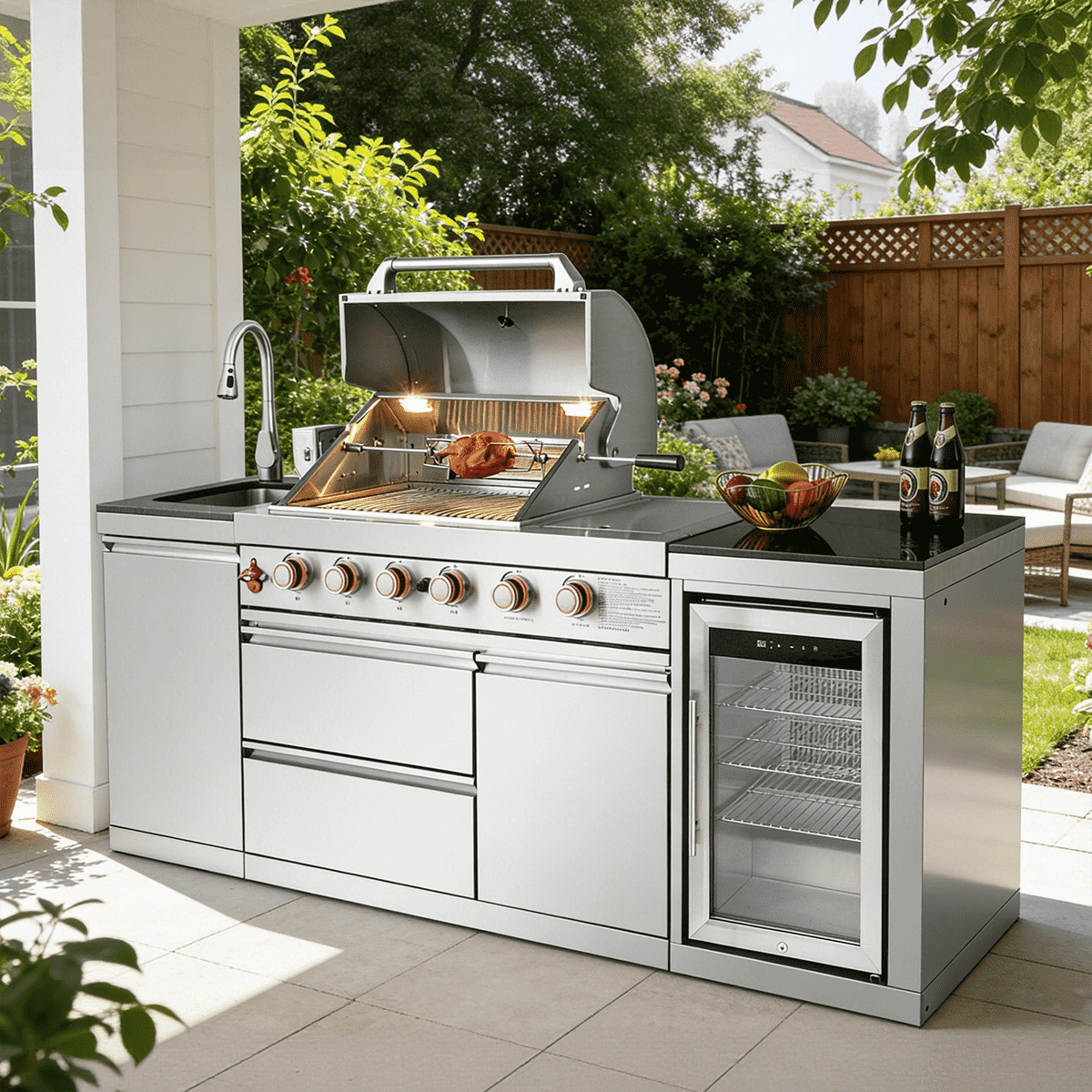 85.2" 4+1 Burner 71500 BTU Silver Outdoor Kitchen Island Grill + Sink + Refrigerator